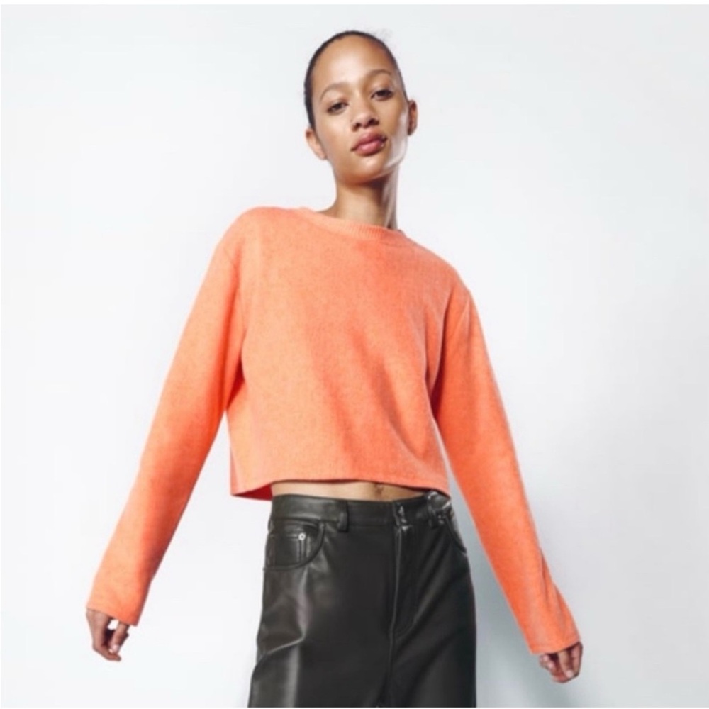 Zara Cropped Crewneck Sweater - Bright Orange